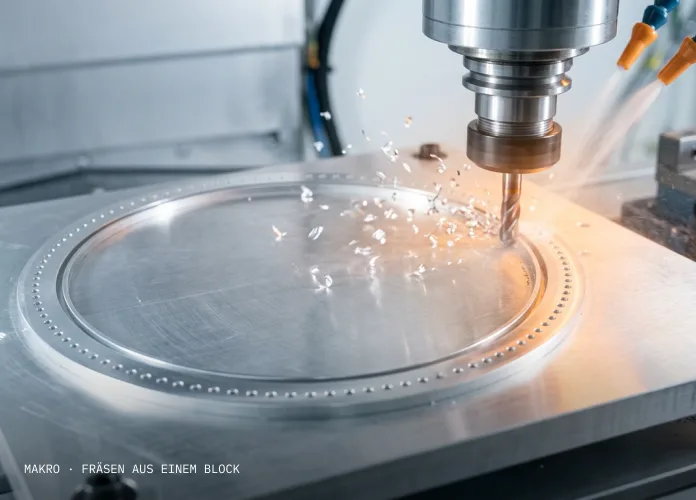 Makro: Fräser schneidet den Aluminiumrand aus einem Block, Späne und Kühlmittel fliegen.