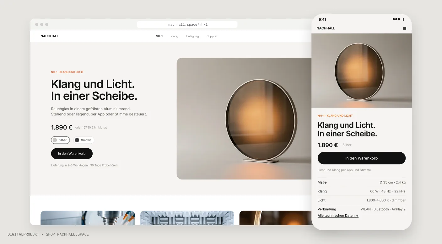 Shop nachhall.space im Browser und auf dem Smartphone: Klang und Licht. In einer Scheibe. 1.890 €.