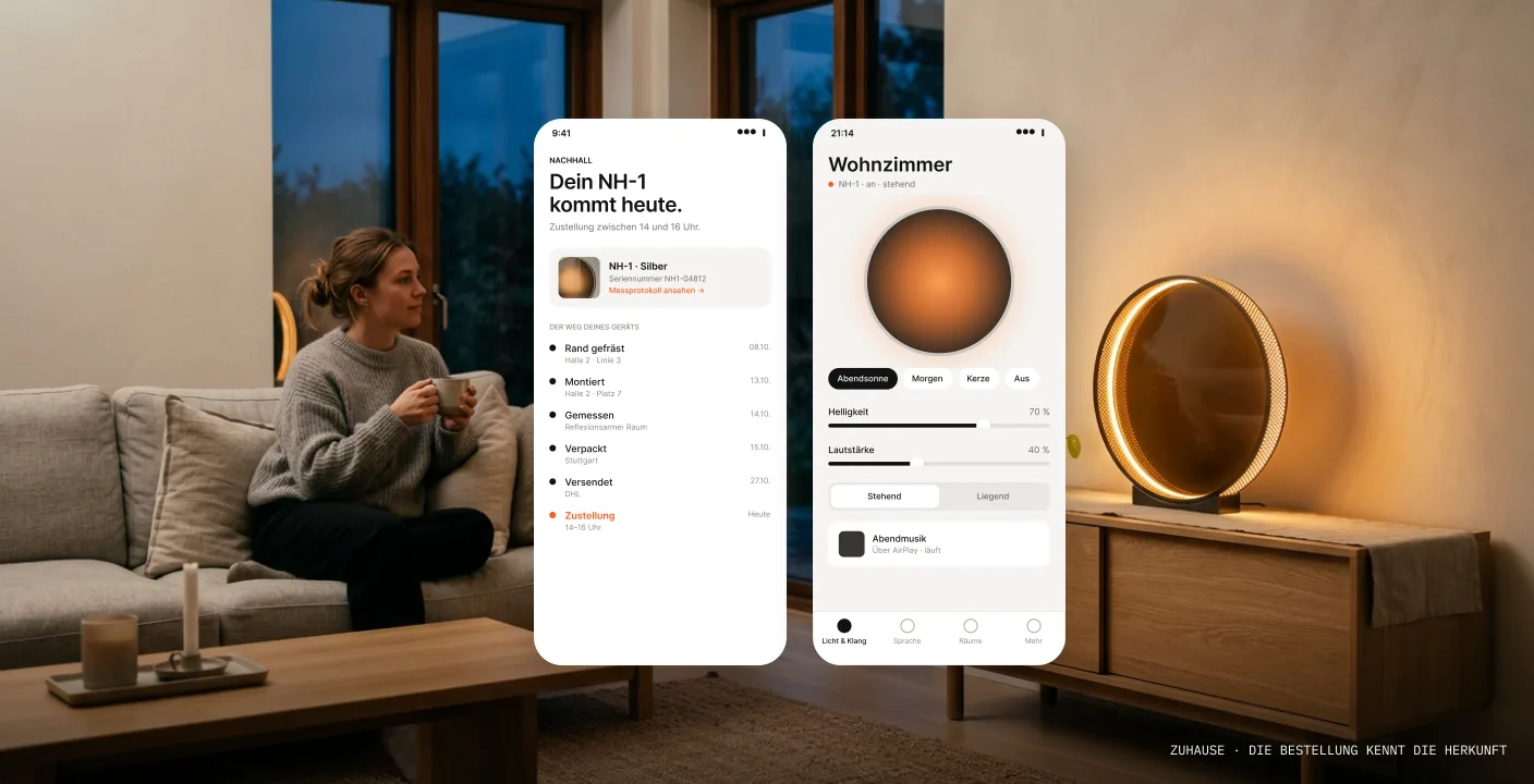 Wohnzimmer am Abend: NH-1 steht liegend auf dem Sideboard, die App zeigt Bestellung und Lichtsteuerung.