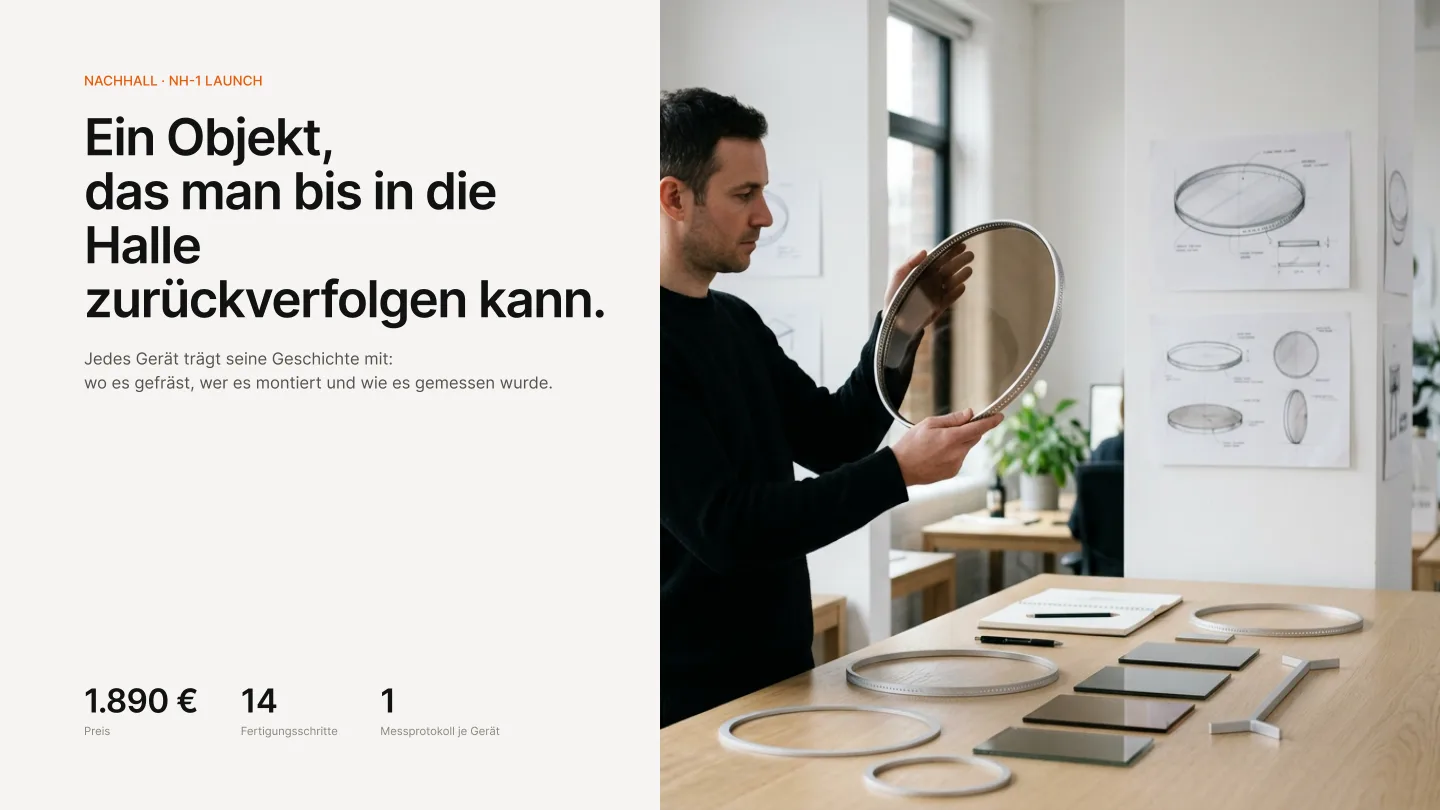 NH-1-Launch-Deck, Folie 1: Ein Objekt, das man bis in die Halle zurückverfolgen kann. Preis 1.890 €, 14 Fertigungsschritte, 1 Messprotokoll je Gerät.